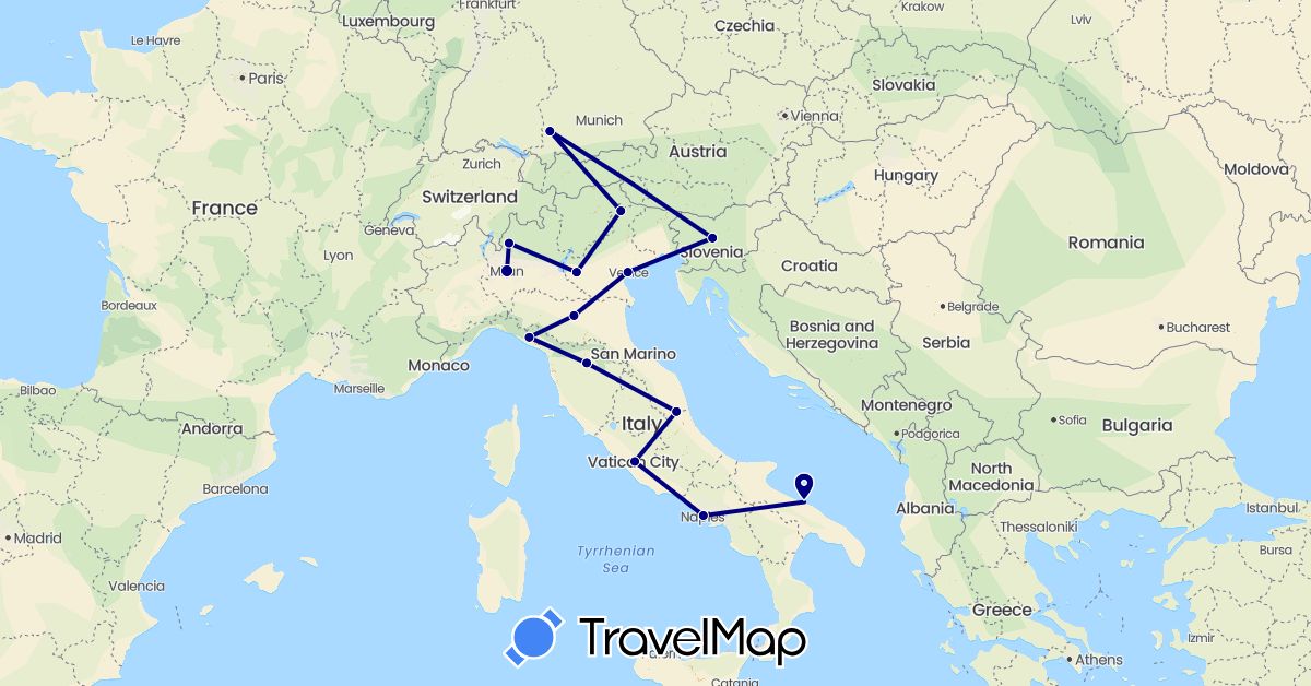 TravelMap itinerary: driving in Germany, Italy, Slovenia (Europe)